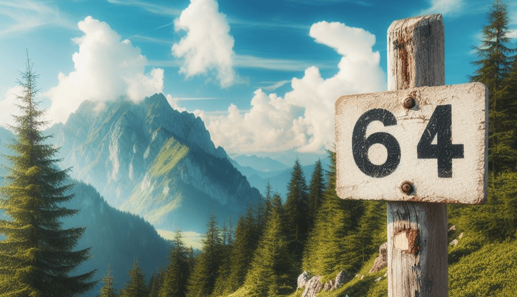cislo 64 a na pozadi hory