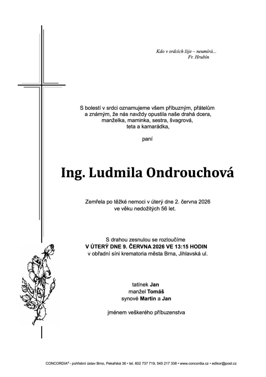 Ing. Ludmila Ondruchová † 02.06.2026